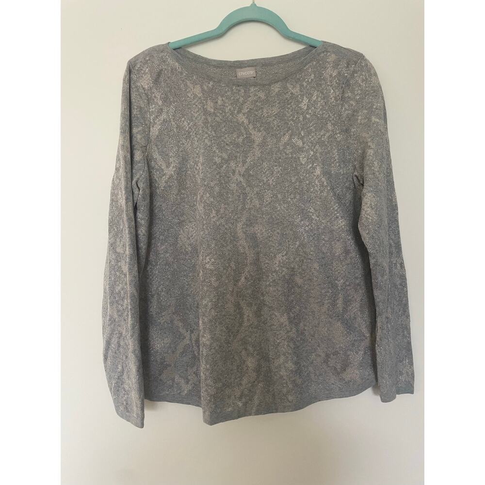 Chico's silver and gold metallic long sleeve lightweight sweater woman's size